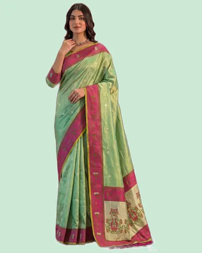 Elegant Tissue Silk Pallu Contrast Border Weaving Sarees