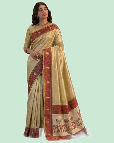 Elegant Tissue Silk Pallu Contrast Border Weaving Sarees