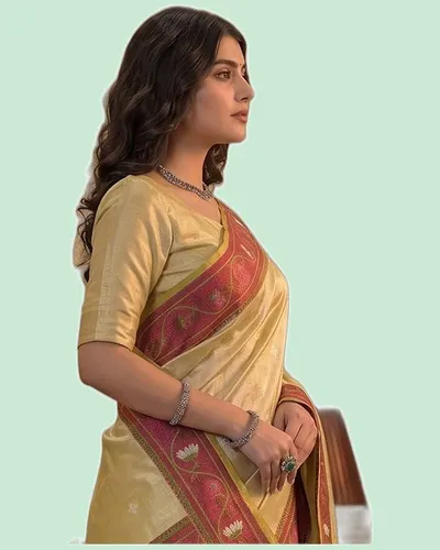 Elegant Tissue Silk Pallu Contrast Border Weaving Sarees — image 3