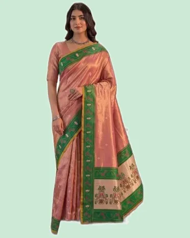 Elegant Tissue Silk Pallu Contrast Border Weaving Sarees — image 3