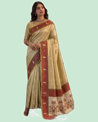 Elegant Tissue Silk Pallu Contrast Border Weaving Sarees — image 4