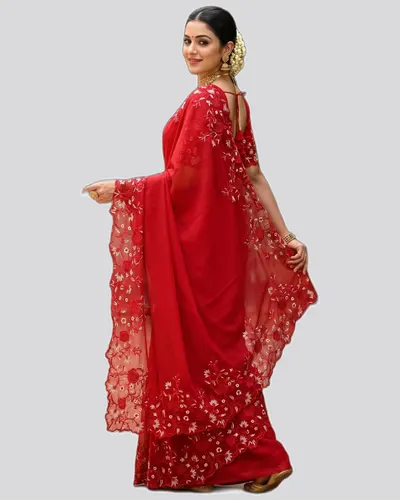 Vani Georgette Butta Embroidery Scalloped Border Saree