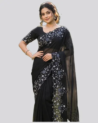 Vani Georgette Butta Embroidery Scalloped Border Saree