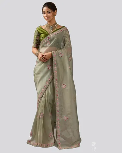 Miraya Mettalix Colors Tissue Embroidered  Festive Sarees