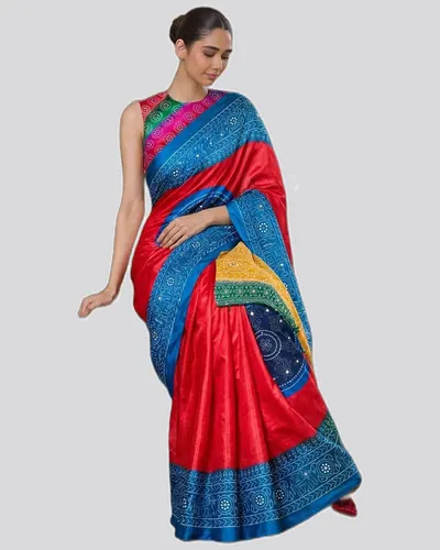 Rich Elegant Look Chinon Mirror Work Print Sarees — image 2