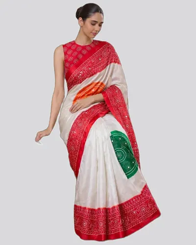 Rich Elegant Look Chinon Mirror Work Print Sarees — image 2