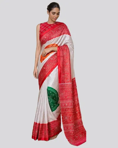 Rich Elegant Look Chinon Mirror Work Print Sarees