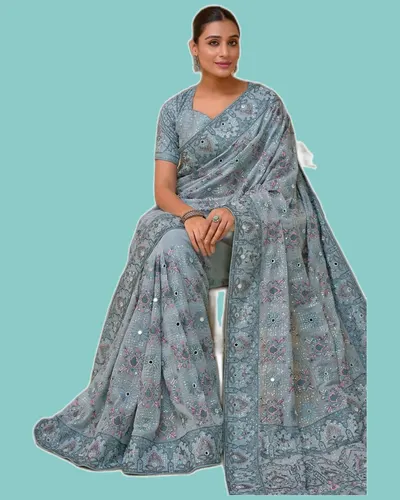 Subtle Glitter Mirror-Work Occasional Sarees — image 2