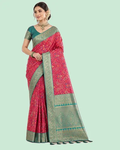 Mrdvangi Zari-Work Pashmina Silk Border Festival Sarees