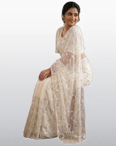Dharmi Pure Soft Net Beads Work Fancy Moti Sarees