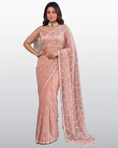 Dharmi Pure Soft Net Beads Work Fancy Moti Sarees — image 2