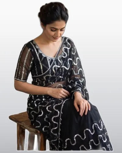 Dharmi Pure Soft Net Beads Work Fancy Moti Sarees — image 3