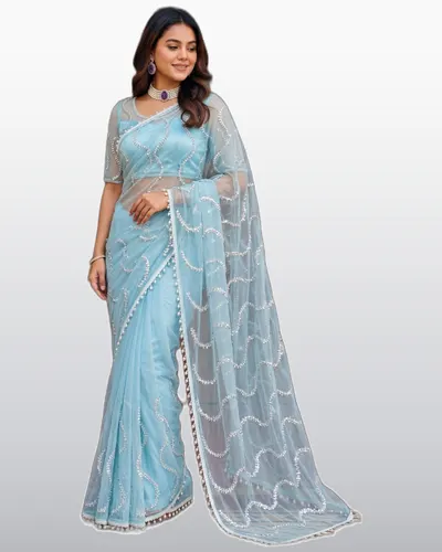 Dharmi Pure Soft Net Beads Work Fancy Moti Sarees