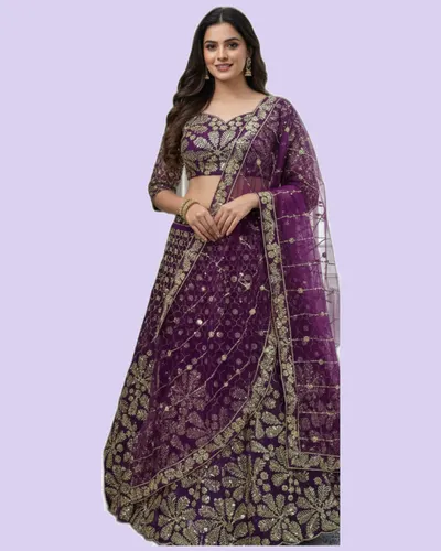 Shimmering Sequiens Zari Embroidered Net Lehengas — image 2