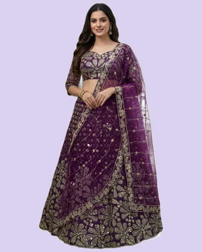 Shimmering Sequiens Zari Embroidered Net Lehengas