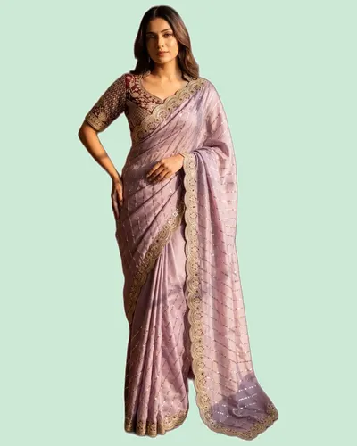 Soft Space Silk Bead Sequins Zari Embroidery Work Sarees