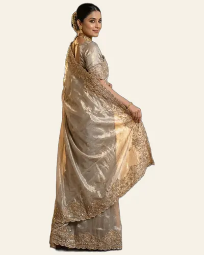 Rich Look Pure Space Silk Gold Beads Work Sarees