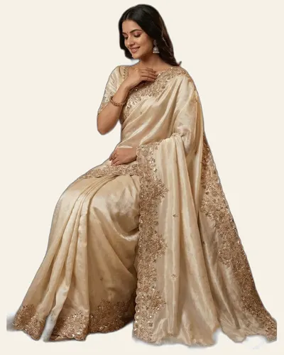 Rich Look Pure Space Silk Gold Beads Work Sarees — image 2
