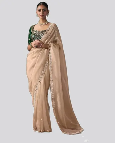 Rich Look  Solid Border Premium Lightweight Beads Sarees