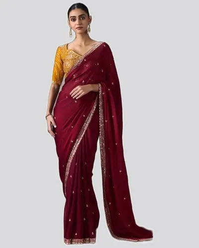 Rich Look  Solid Border Premium Lightweight Beads Sarees — image 3