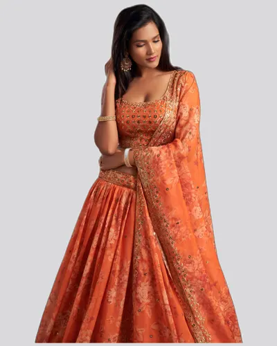 Floral Printed Organza Stunning Festive Lehengas — image 3