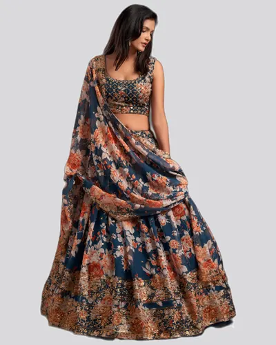Floral Printed Organza Stunning Festive Lehengas — image 3