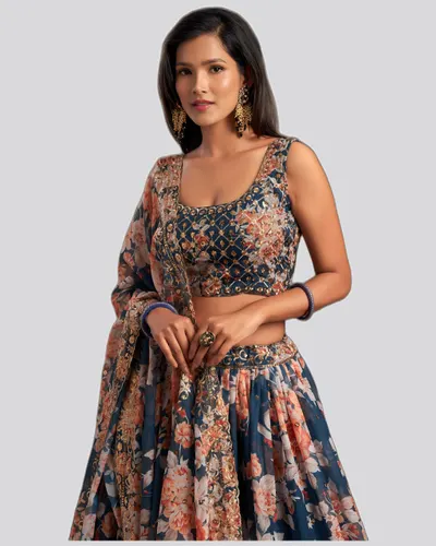 Floral Printed Organza Stunning Festive Lehengas — image 5
