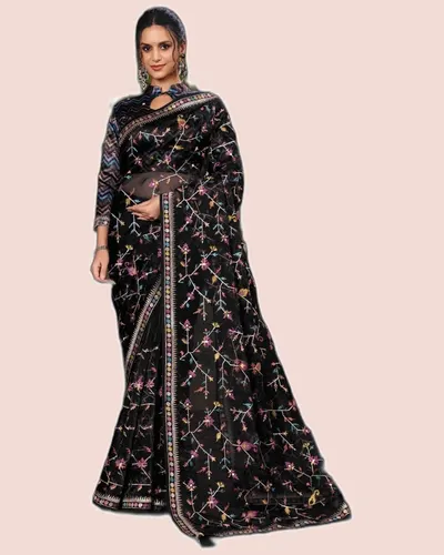 Exclusive Floral Motifs Multi-thread Embroidery Sarees