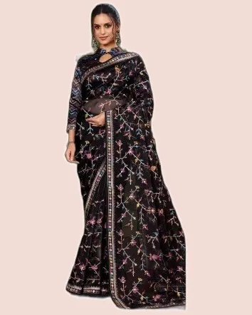 Exclusive Floral Motifs Multi-thread Embroidery Sarees — image 4