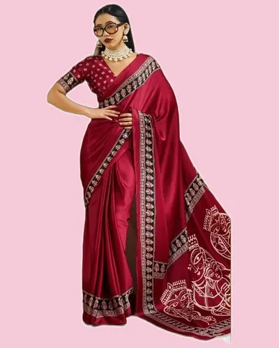 Pristine Modal Satin Carnival Ajrakh Print Sarees — image 2