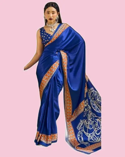 Pristine Modal Satin Carnival Ajrakh Print Sarees — image 2
