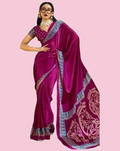 Pristine Modal Satin Carnival Ajrakh Print Sarees — image 2