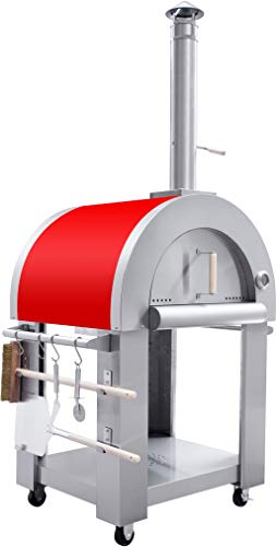 32.5" Outdoor Wood Fired Red Enamel Stainless Steel Artisan Pizza Oven or Grill with Waterproof Cover, Pizza Peel