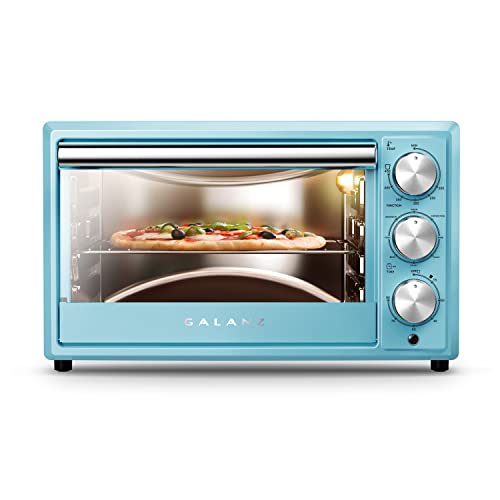 Galanz Large 6-Slice True Convection Toaster Oven, 8-in-1 Combo Bake, Toast, Roast, Broil, 12” Pizza, Dehydrator with Keep Warm Setting, Retro Blue