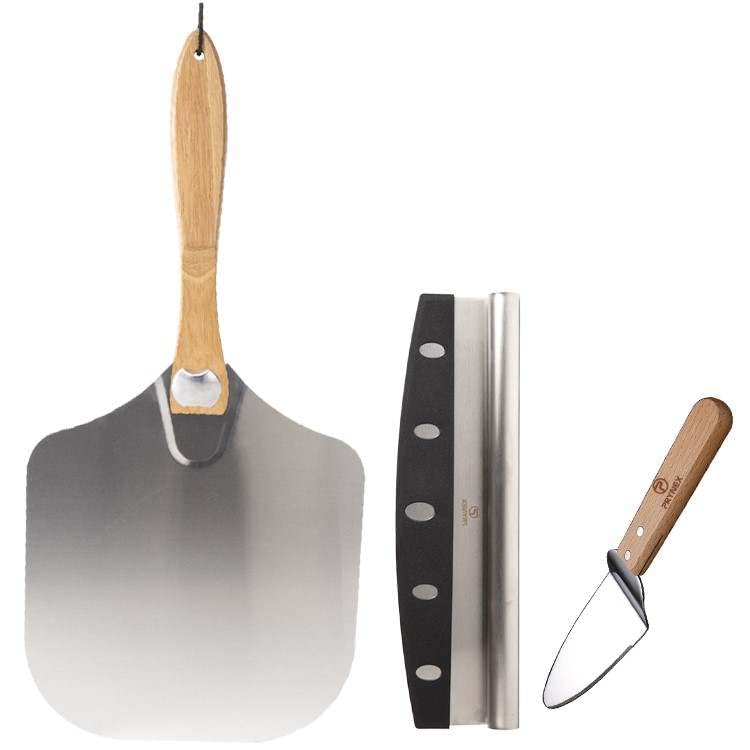 PRYNEX Pizza Peel Set - Aluminum Paddle Shovel, Spatula & Rocker-Style Cutter - Foldable Wooden Handle with Rotating Knob - Three-Piece Set for Baking Pies, Dough, Bread, Pastry - Pizzeria Accessories