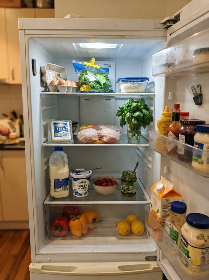 An open fridge with spinach, chicken, eggs, feta and vegetables