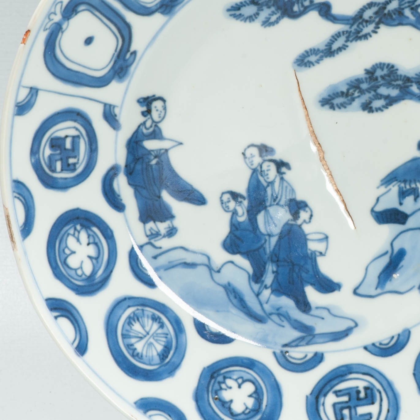 Antique Chinese Ming Tianqi Chongzhen Blue White Porcelain Figural Dish c.1630 - Image 5