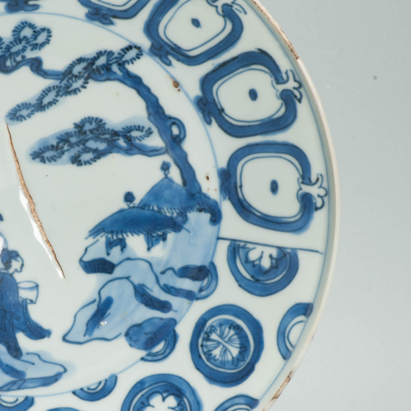 Antique Chinese Ming Tianqi Chongzhen Blue White Porcelain Figural Dish c.1630 - Image 7