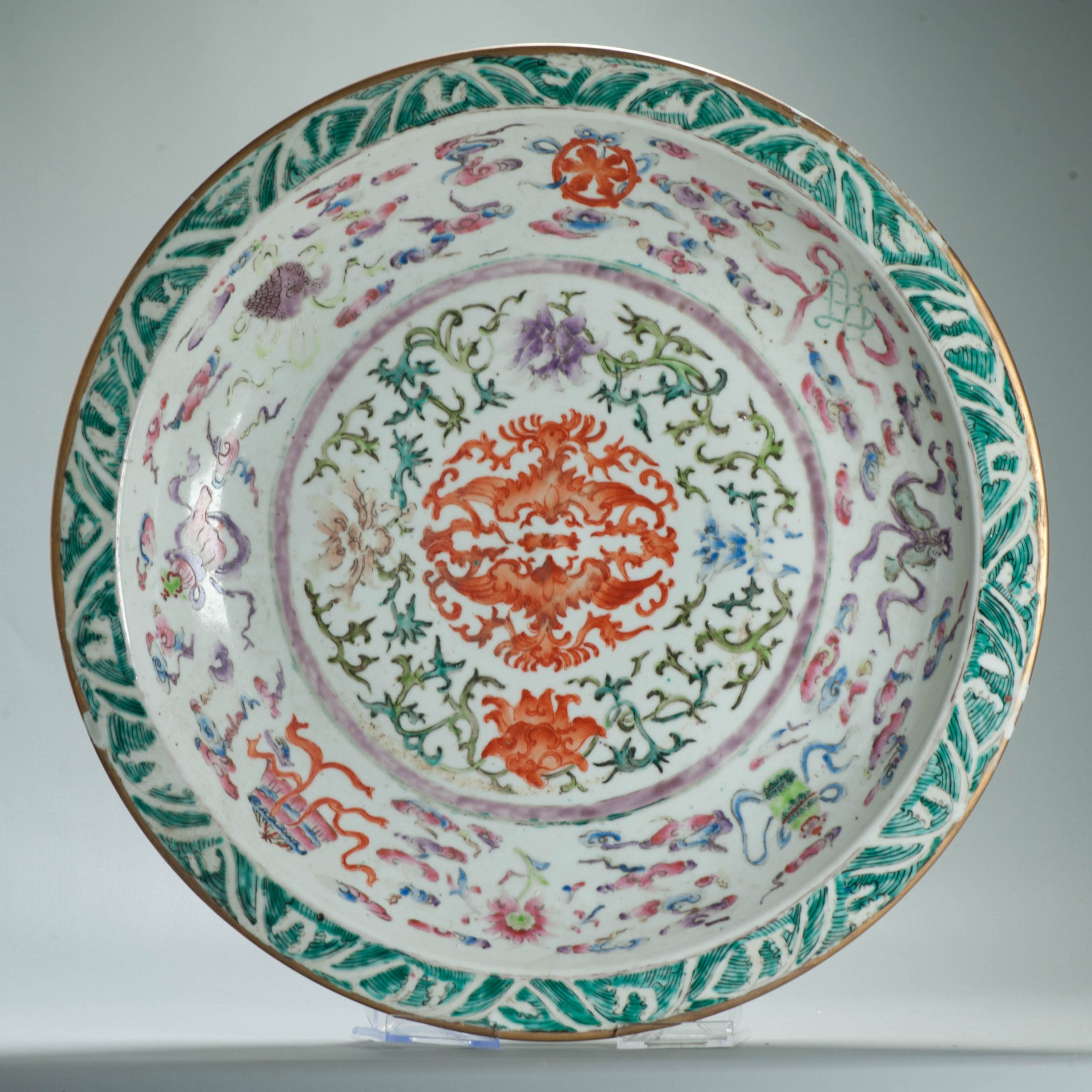 Huge 51CM 19C Chinese Porcelain 'Phoenix and Buddhist Emblems' charger