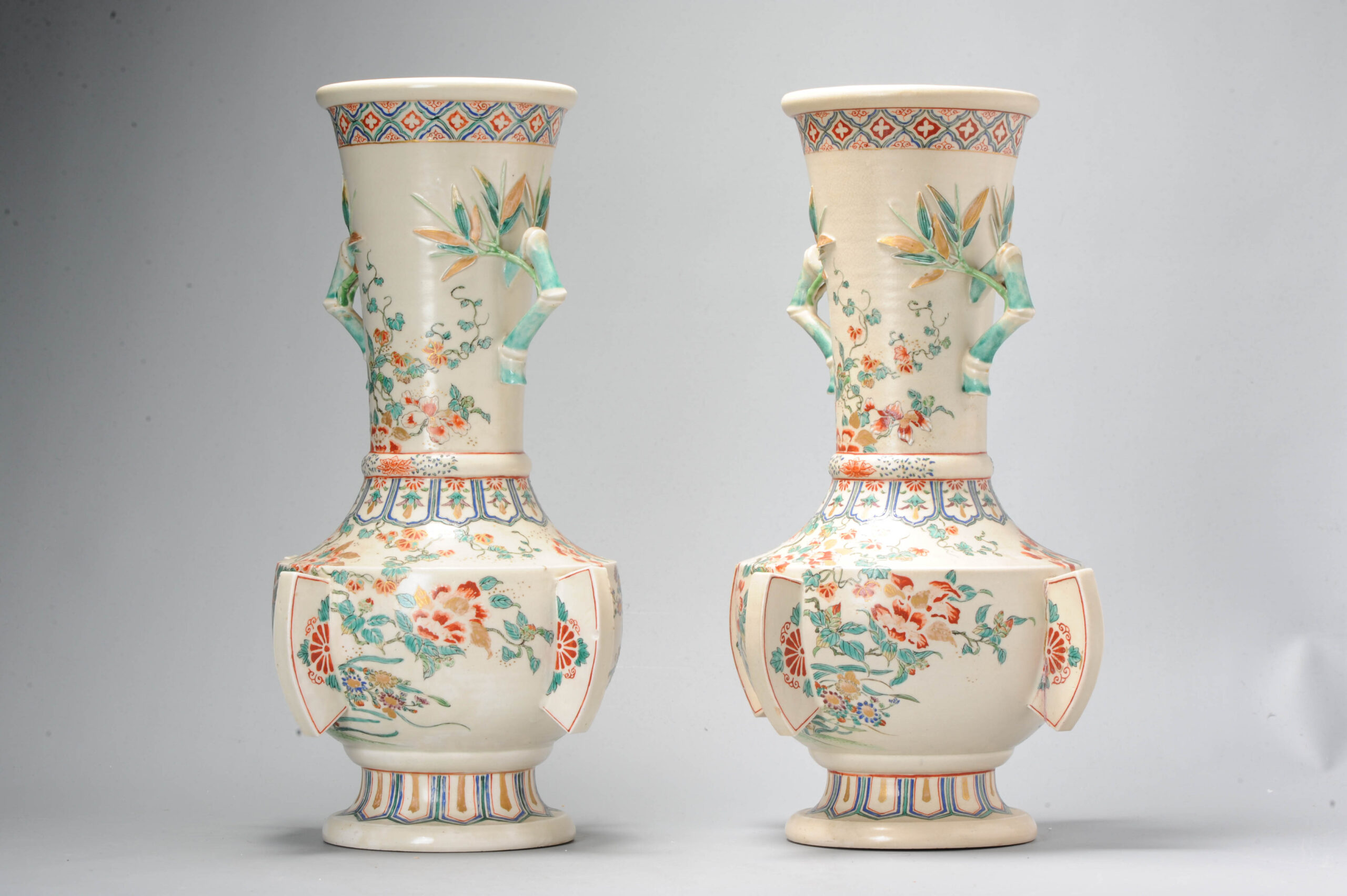 Pair Antique Meiji Japanese Satsuma Vases 19C Japan Flowers and Bamboo - Image 8