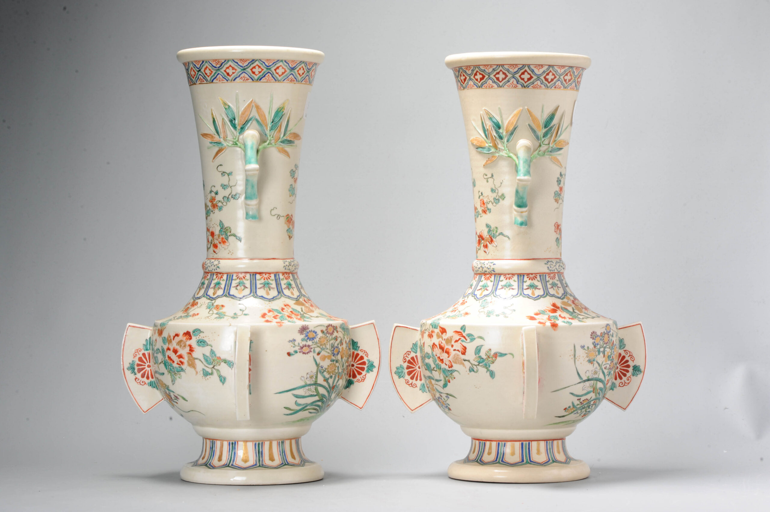 Pair Antique Meiji Japanese Satsuma Vases 19C Japan Flowers and Bamboo - Image 7