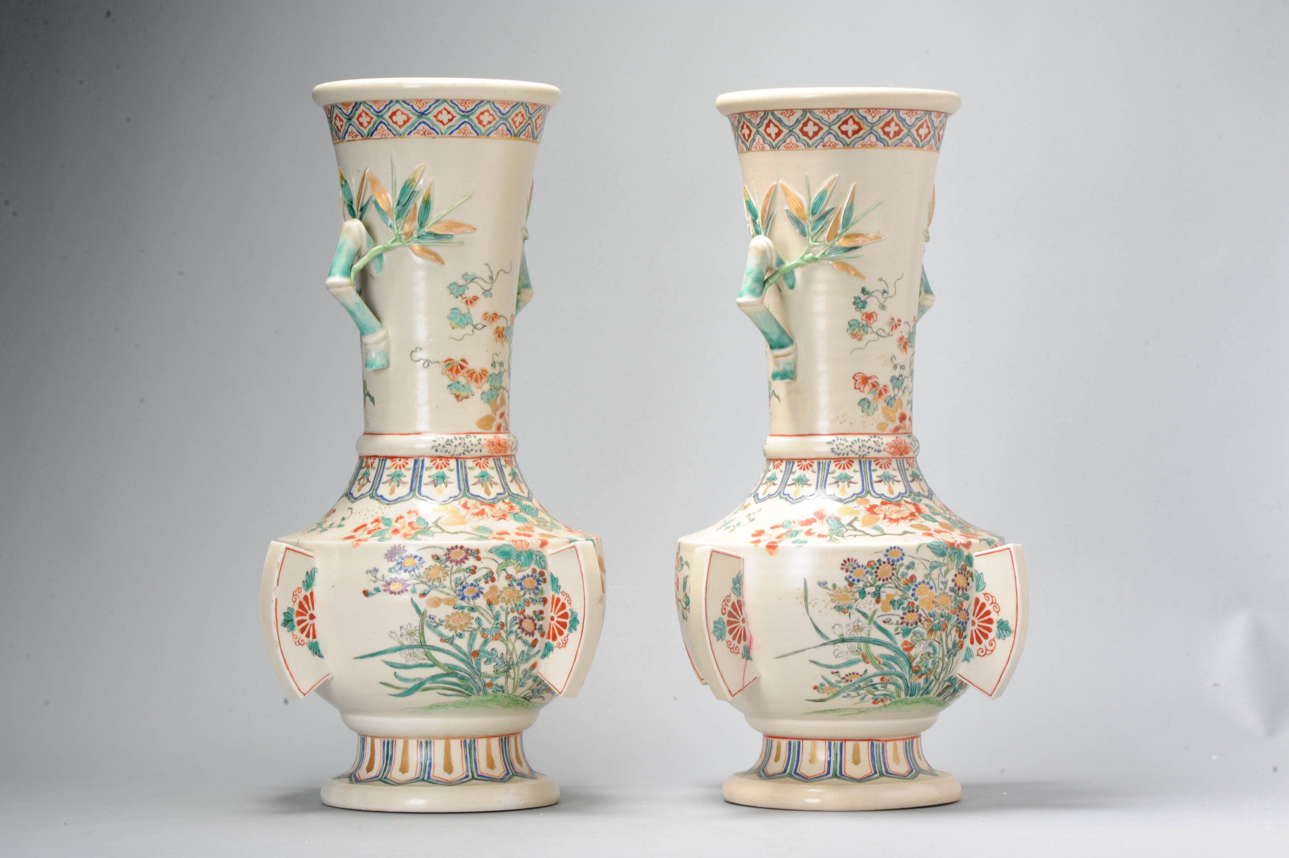 Pair Antique Meiji Japanese Satsuma Vases 19C Japan Flowers and Bamboo - Image 6