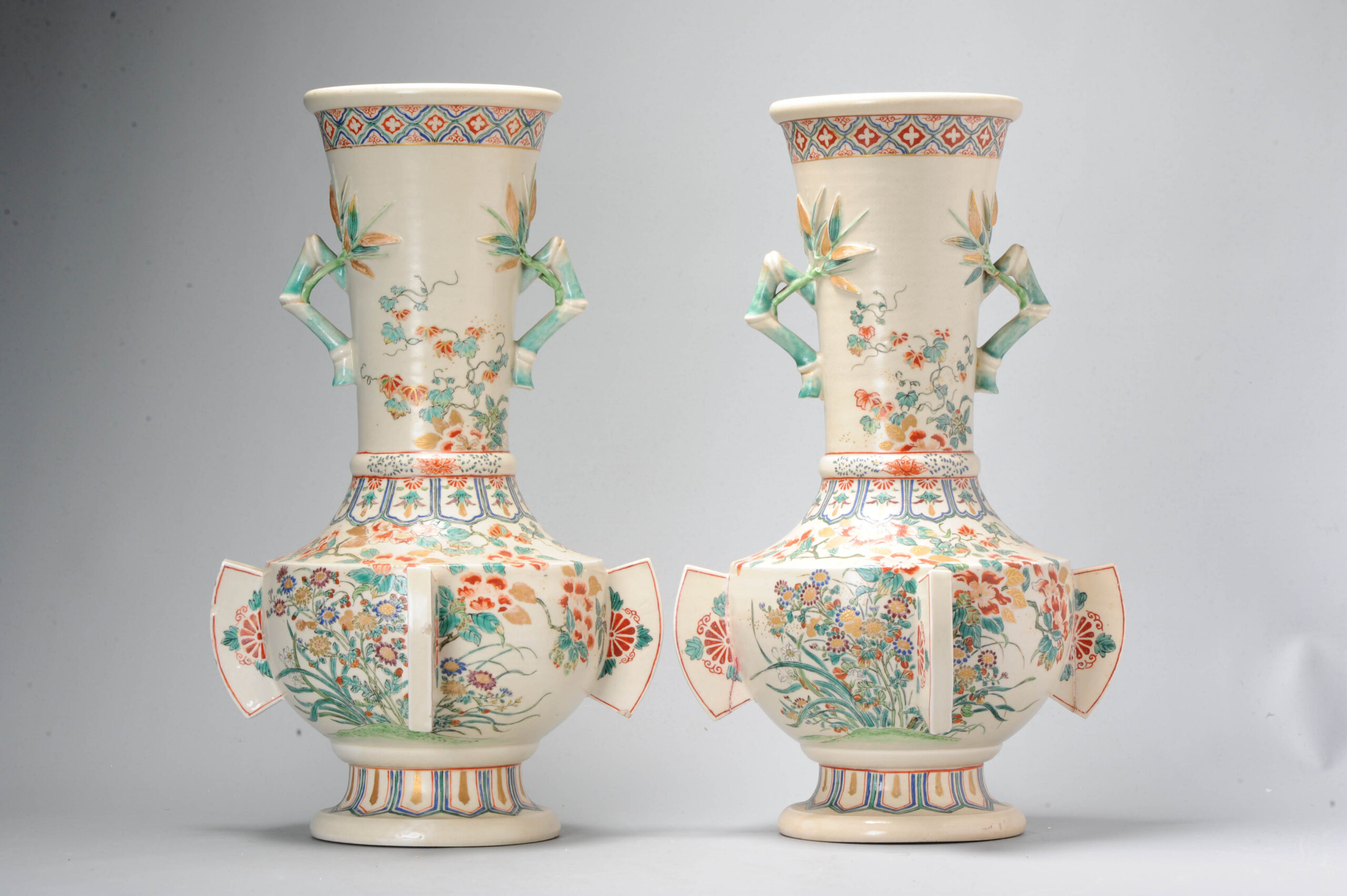 Pair Antique Meiji Japanese Satsuma Vases 19C Japan Flowers and Bamboo - Image 5