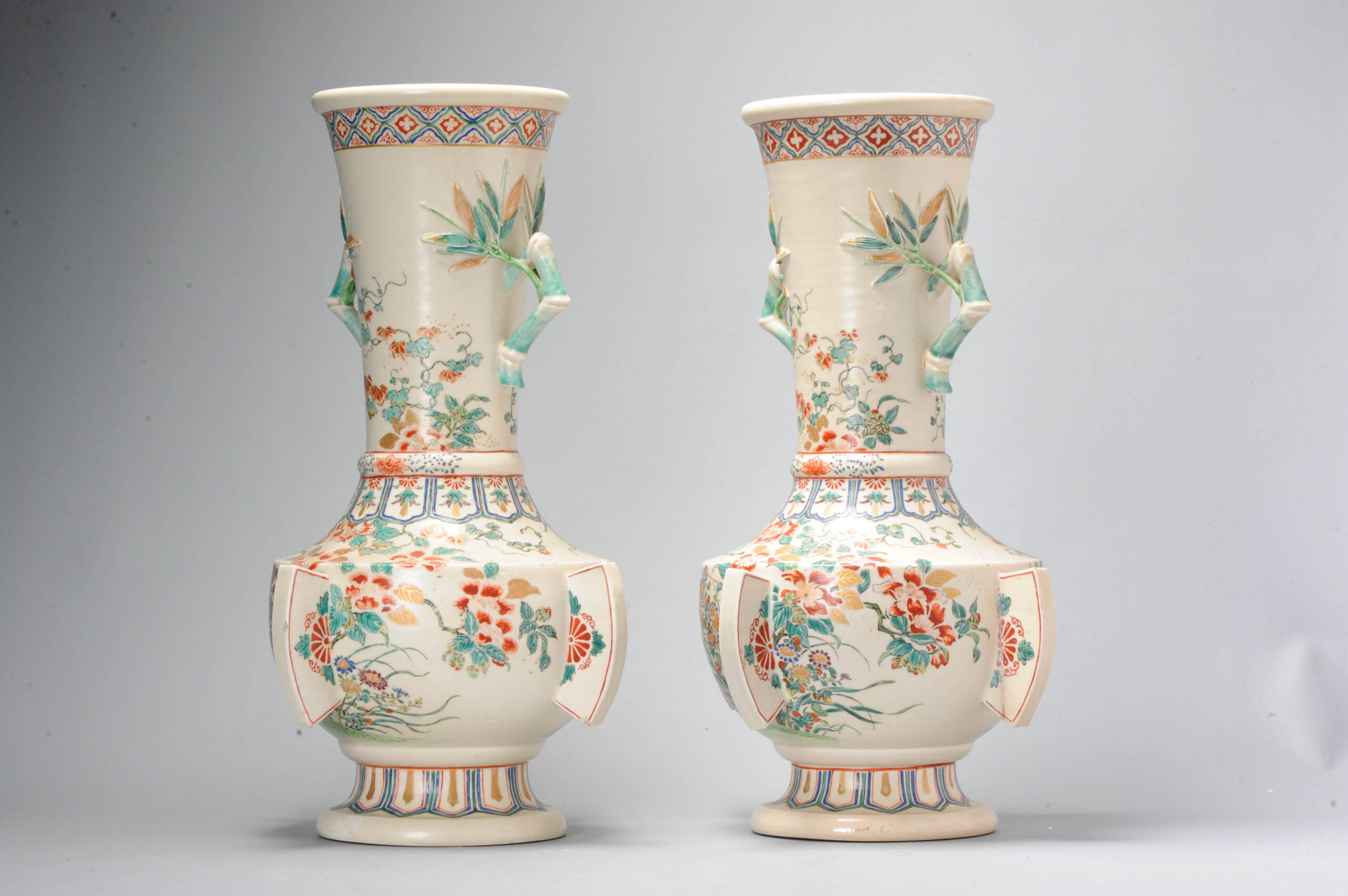 Pair Antique Meiji Japanese Satsuma Vases 19C Japan Flowers and Bamboo - Image 4