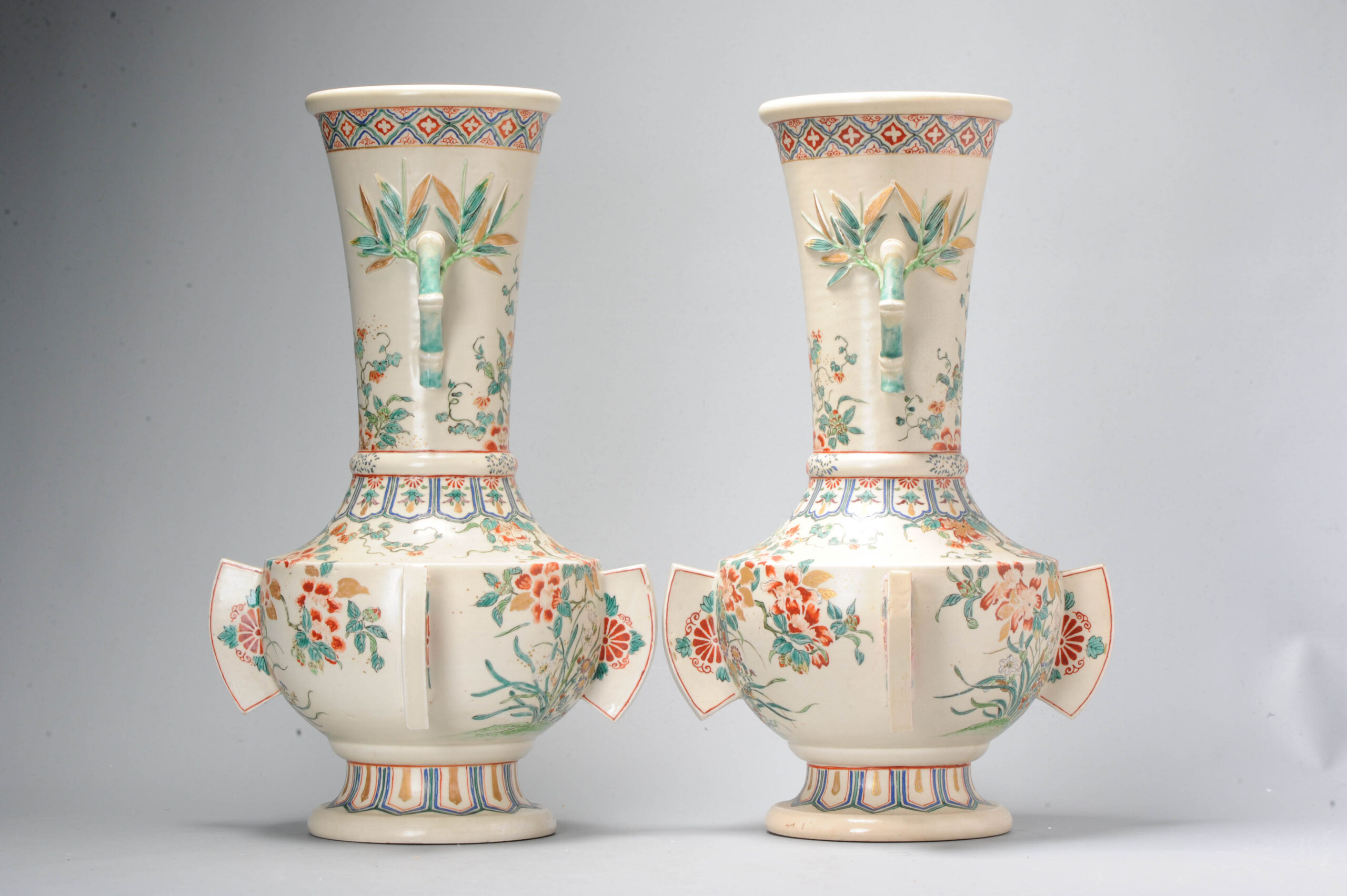 Pair Antique Meiji Japanese Satsuma Vases 19C Japan Flowers and Bamboo - Image 3