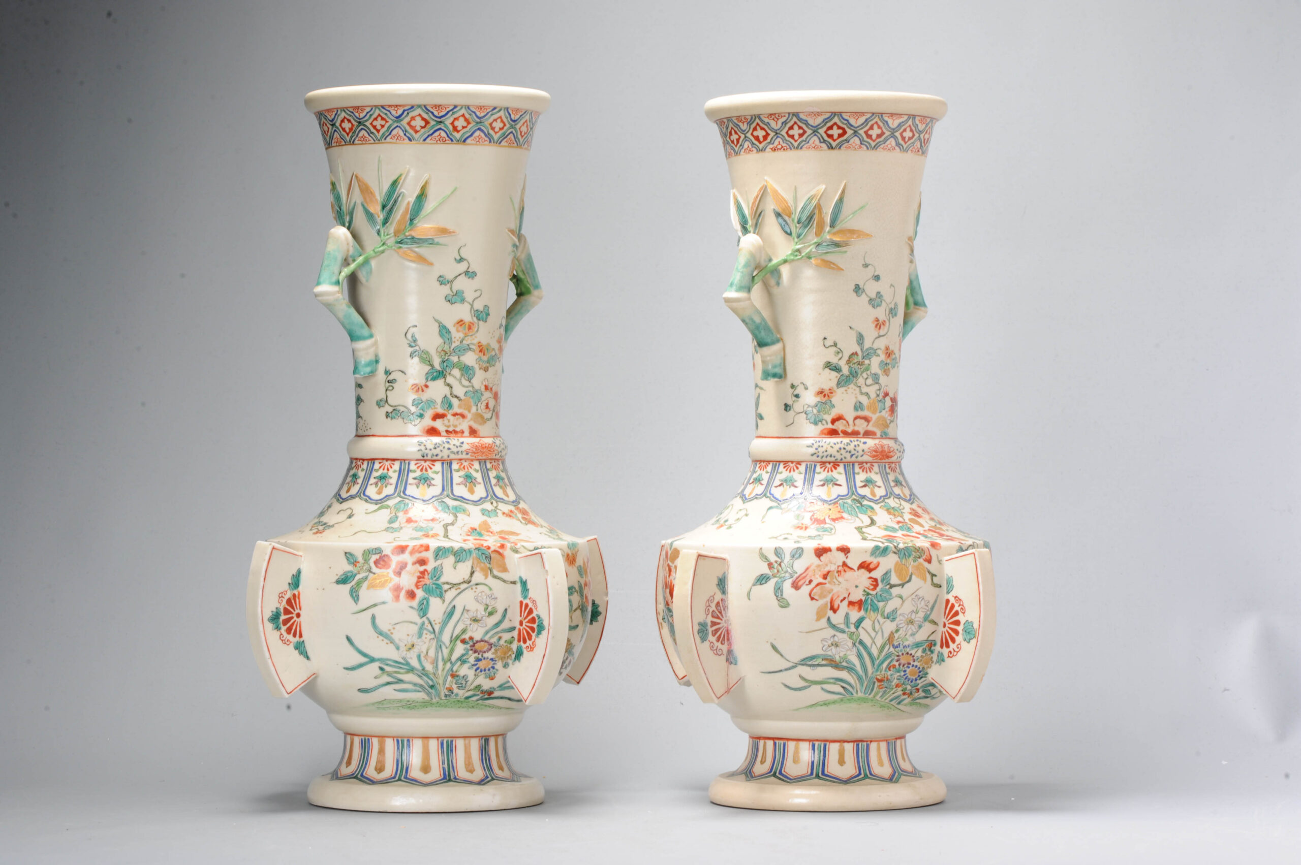 Pair Antique Meiji Japanese Satsuma Vases 19C Japan Flowers and Bamboo - Image 2
