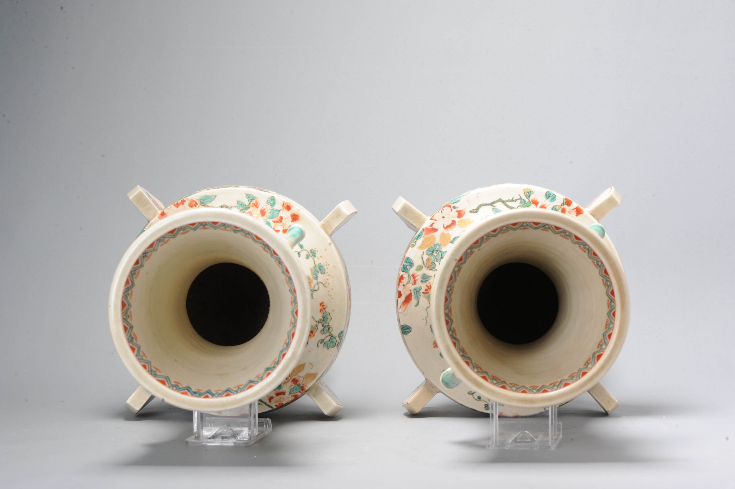 Pair Antique Meiji Japanese Satsuma Vases 19C Japan Flowers and Bamboo - Image 10