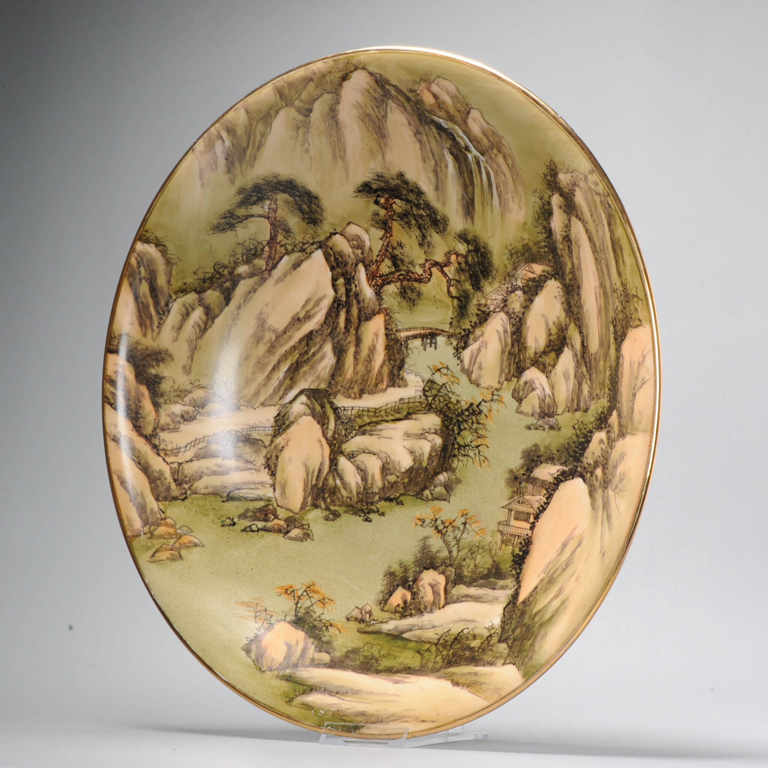 41CM Chinese Porcelain Charger 20C Hand painted Mountain Scene Pagodes - Image 12