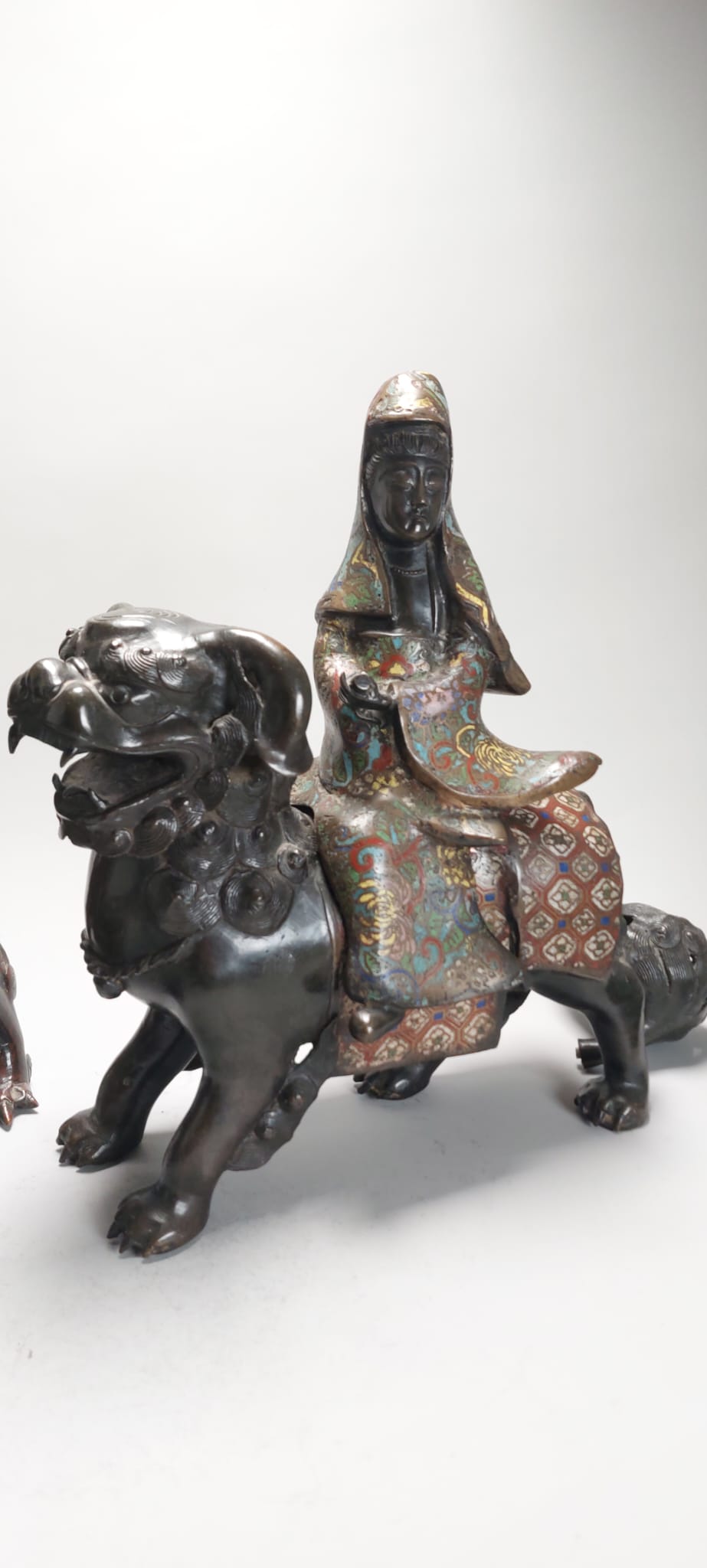 Pair of Chinese Bronze Statue Incense Burners on Foo Lions China Cloisonne - Image 3