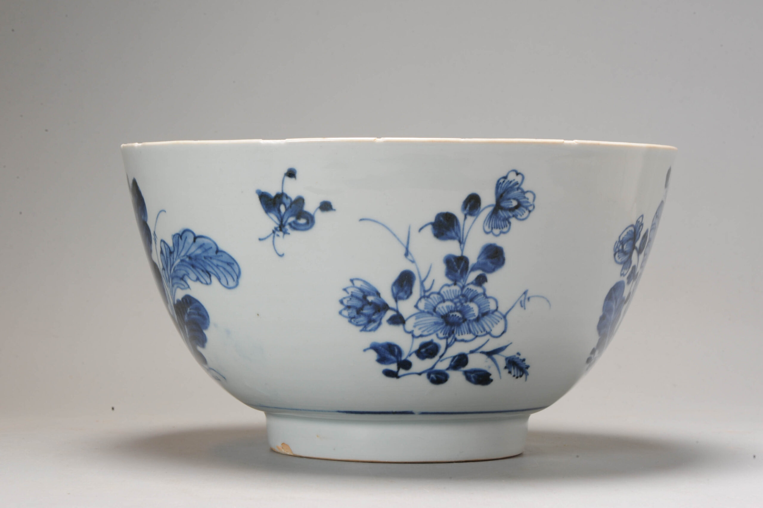 Antique 18C Chinese Porcelain Blue and White Bowl Cabbage Flowers Insects - Image 6